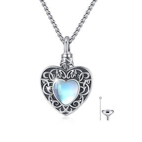 Collar relicario en plata 925 con piedra lunar en forma de corazón, joyería de cremación para cenizas